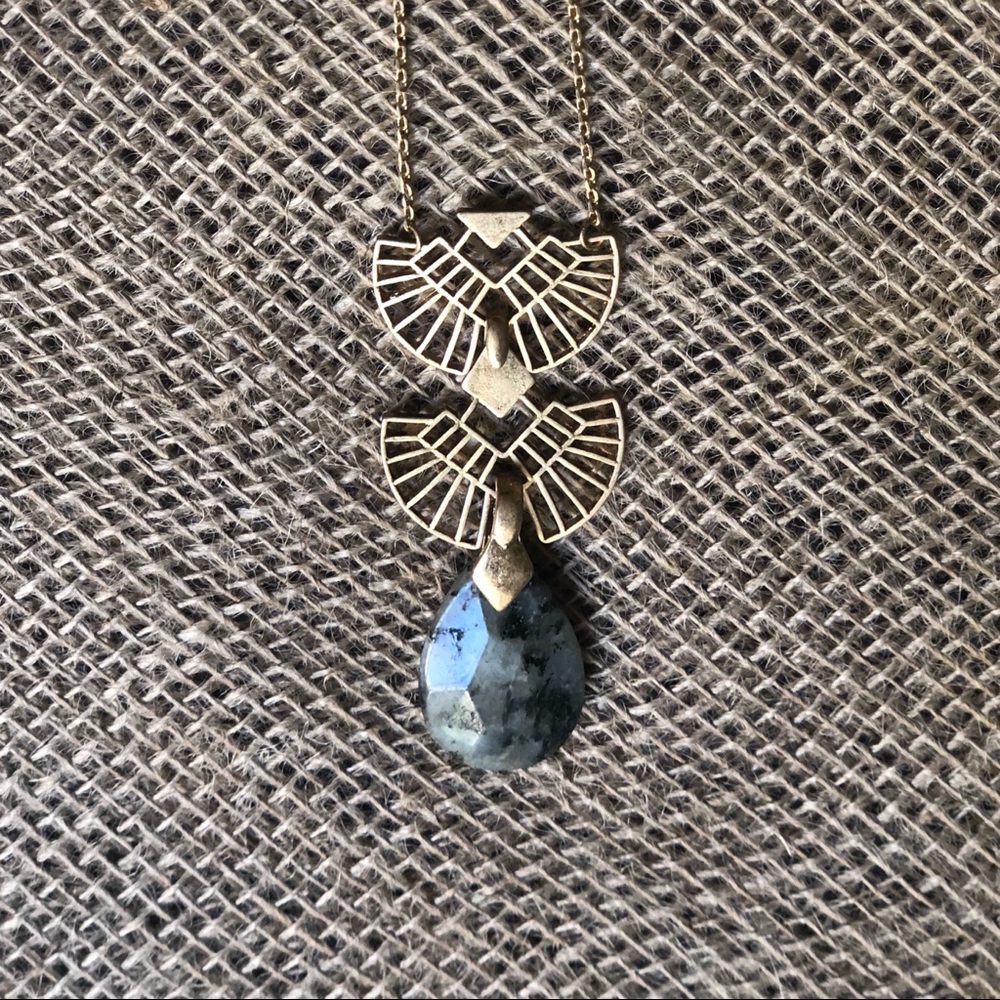 Long boho style natural stone gold tone necklace